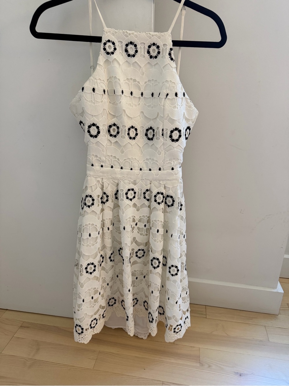 Lovers + Friends White Eyelet Halter Dress with Black Floral Accents